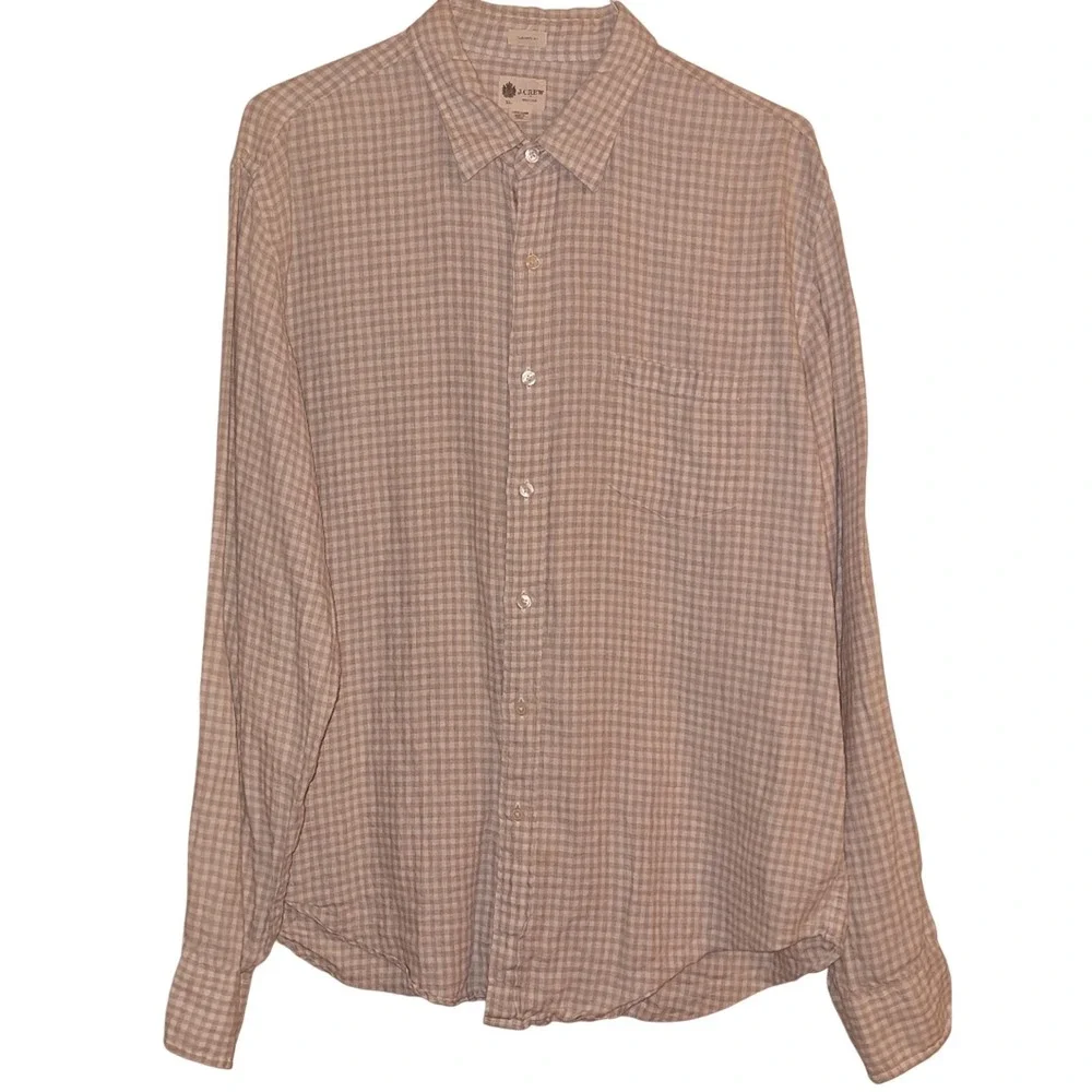 J.Crew‎  100% Linen Men's Size XL Breathable Gray Cream Long Sleeve Button Down